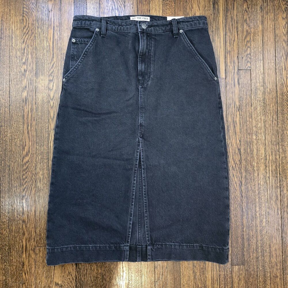 NEW Free People Wild Roses Midi Skirt Sz 29 Womens Black Denim Jean Boho Western